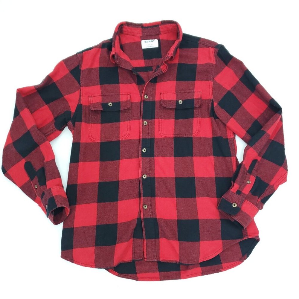 Old Navy Button Shirt Men Large Red Black Buffalo Plaid Flannel Pockets Long